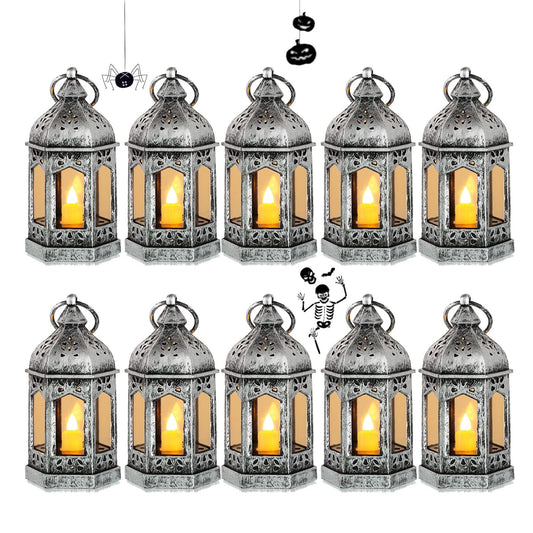 Romadedi 10-Piece Set Mini Lantern Decoration Silver - Table decoration small lantern for hanging, with LED candles for Halloween, Ramadan, garden, Christmas, wedding, balcony.