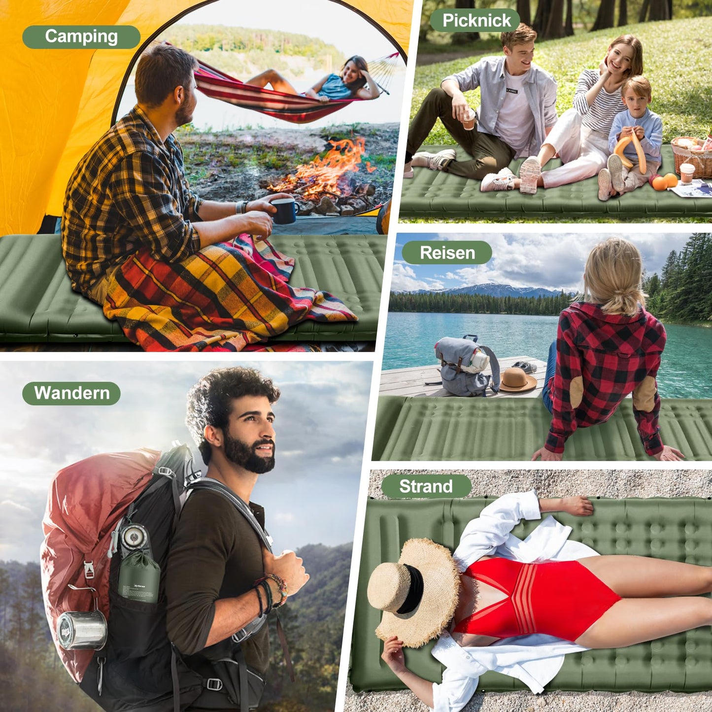 Arliers self-inflating sleeping pad, 12CM thick air mattress for camping with foot pump and pillow, Anti-Ripstop portable sleeping mat for hiking, travel, beach - army green.