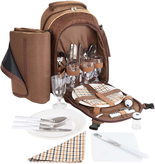 BRUBAKER picnic backpack for 4 persons brown 28.5 × 42.5 x 19 cm - incl. cooler compartment + fleece picnic blanket with waterproof underside