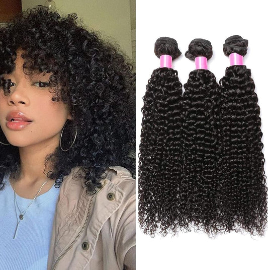 Curly Weave Bundles made of 100% human hair, 28 inches long. Unprocessed Brazilian Kinky Curly Virgin Human Hair for Black Women in natural color.