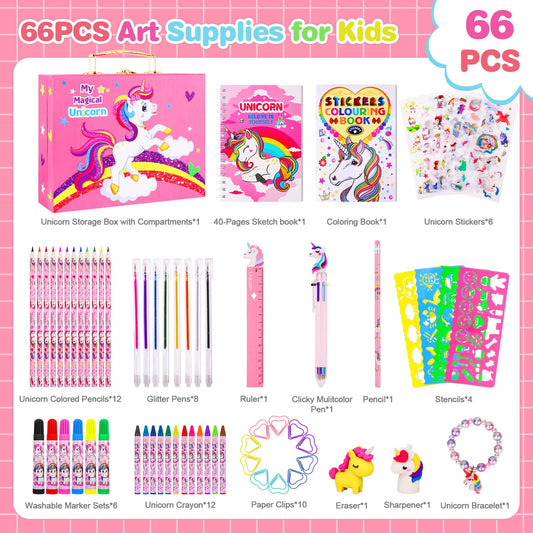 TCJJ Unicorn Painting Set 66Pcs Art Kit for Girls 4-12 Years with Unicorn Storage Box, Paint Set for Kids with Unicorn Coloring Book, Unicorn Gifts for Girls, Christmas Presents
