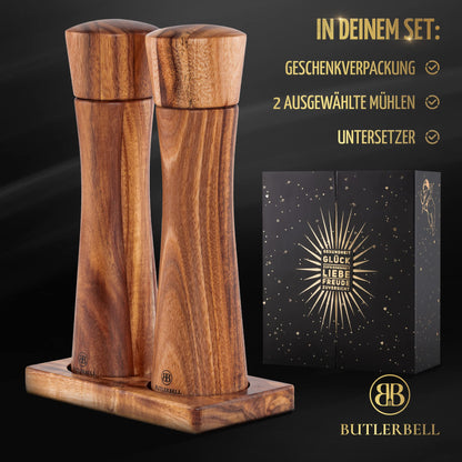 BUTLERBELL® Salt and Pepper Mill Set with Coasters in Luxury Gift Box, perfect as a wedding gift | Wedding presents for the couple | Housewarming gift