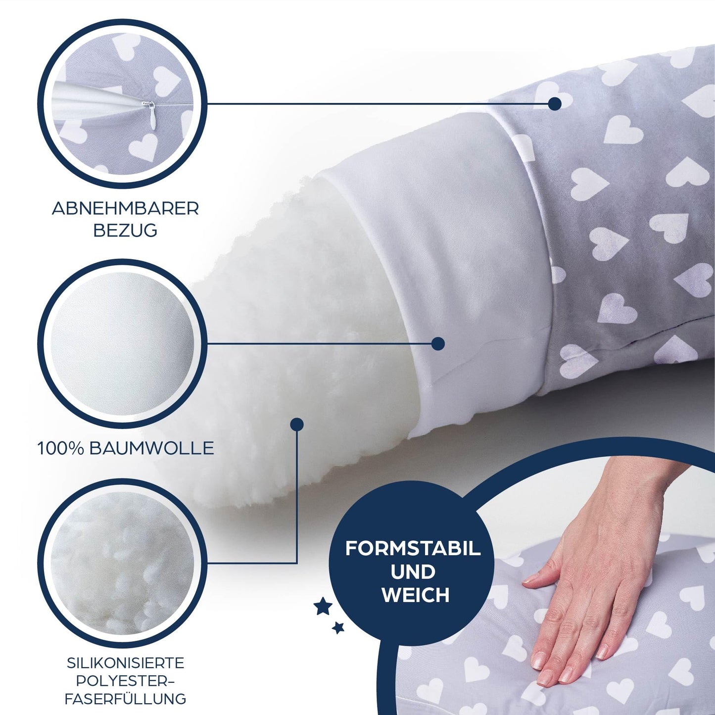 Niimo XXL+ 2-in-1 Pregnancy & Nursing Pillow - Includes Support Wedge, 100% Cotton Cover with Fiber Filling, 100% Washable, Ergonomic & Multifunctional, Grey with White Hearts (200 x 70 cm)