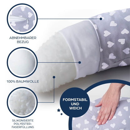 Niimo XXL+ 2-in-1 Pregnancy & Nursing Pillow - Includes Support Wedge, 100% Cotton Cover with Fiber Filling, 100% Washable, Ergonomic & Multifunctional, Grey with White Hearts (200 x 70 cm)