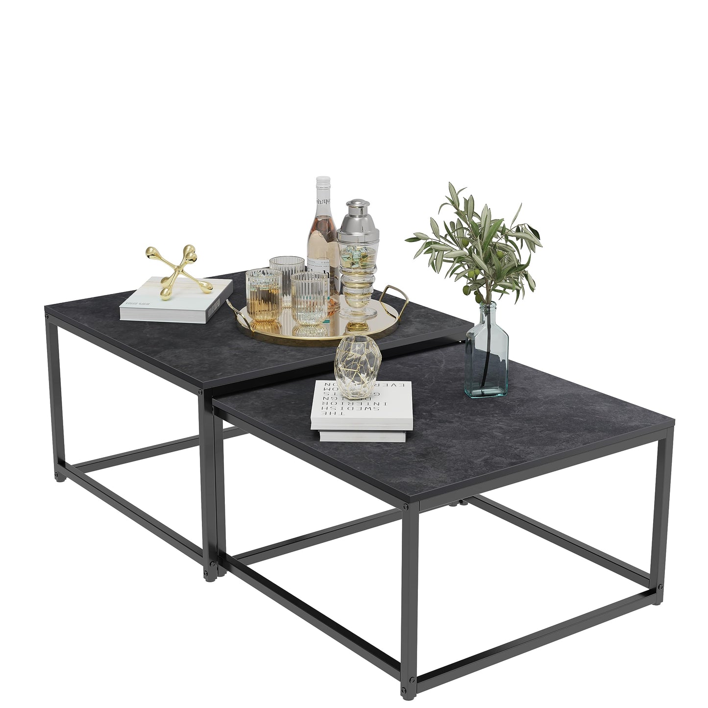 FATIVO Coffee Table Black Marble Living Room Table: set of 2 side tables modern square with metal frame for large living room: 65×65×40cm small: 60×60×34cm
