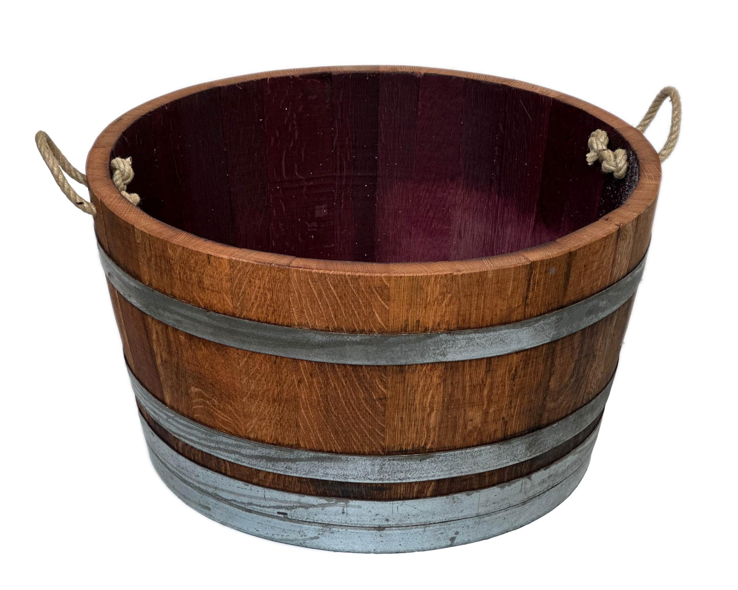 Wooden barrel used as a plant pot, wine barrel halved and oiled (D70 cm) (with handle loops and drainage holes)