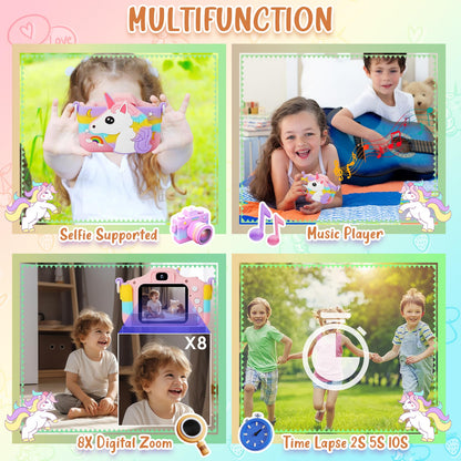 Kids Camera - Girls Gifts/1080P Kids Digital Camera+32GB TF Card, Anti-Drop Camera Case/HD Video/38 Picture Frames and Filters/8x Zoom/5 Learning Games, Gifts for Boys Girls 3-9 Years