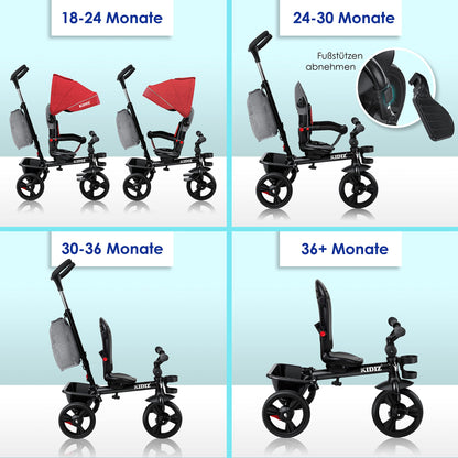 KIDIZ® 6in1 tricycle for kids with push handle, steerable from 9 months up to 25kg. Jogger with forward & reverse ride, basket, bag, drink holder, sunshade, rubber tires, foldable red.