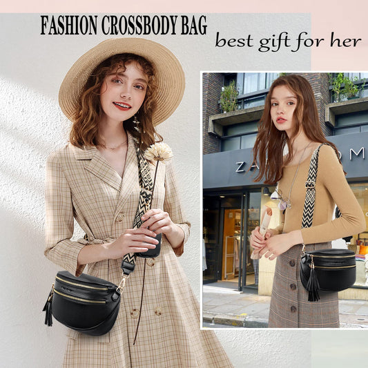 KUNKUN crossbody bag women wide strap shoulder bag large fanny pack vegan leather chest bag stylish blue with coin purse