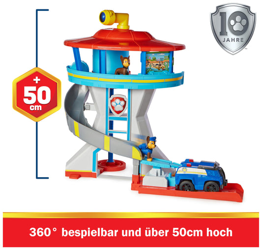 PAW Patrol Lookout Tower headquarters playset with 1 Chase vehicle base, 2 Chase figures, and accessories, suitable for children ages 3 and up.