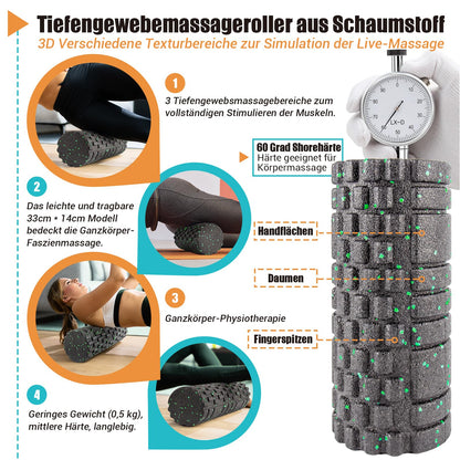 Fascia roller set, set with 3D texture massage fascia roller, mini fascia roller, fascia ball, and duo ball. Fascia set for training muscles, connective tissue, and metabolism, with training posters.
