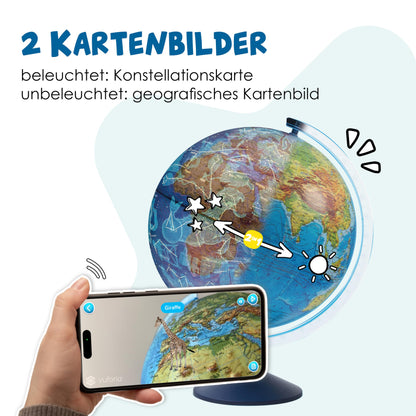 alldoro 68640 Interactive 3D Globe Ø 32 cm, children's globe with relief, German map image & zodiac signs, with app function, wireless & illuminated.