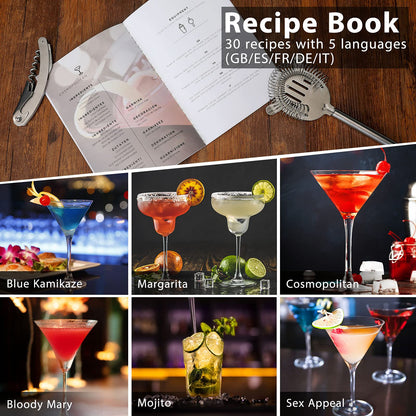 Cocktail Shaker Set, 750ml Stainless Steel Shaker Set, 15 Piece Professional Cocktail Mixing Set, Bartender Set with Bamboo Stand, Recipe Book, Jigger, Spoon, Gift Set for Bar, Home