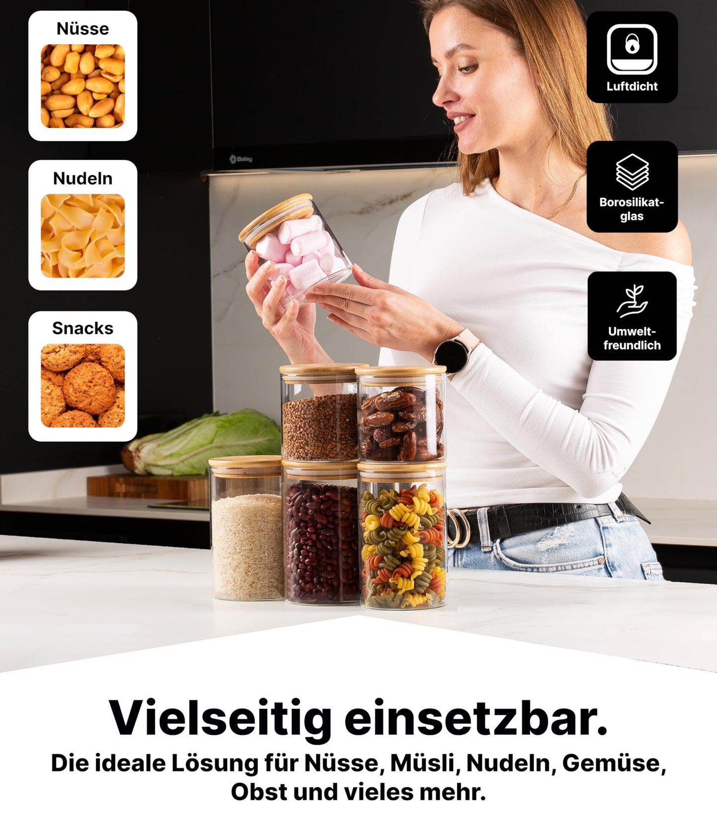 Deco House® storage jars with lid 6-pack [+LABELS] - For muesli, cornflakes, sugar, flour - Glass storage containers with airtight lid - Storage jar - Kitchen storage box