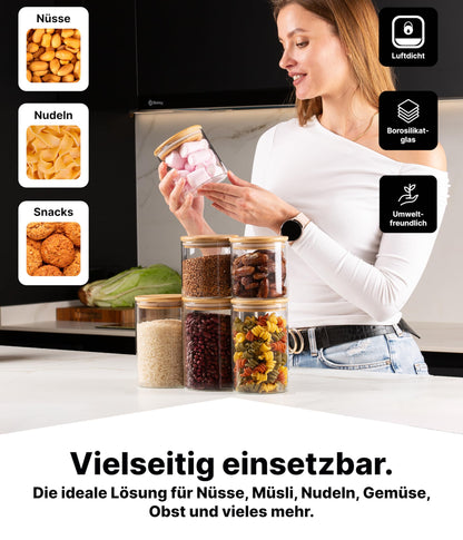 Deco House® storage jars with lid 6-pack [+LABELS] - For muesli, cornflakes, sugar, flour - Glass storage containers with airtight lid - Storage jar - Kitchen storage box