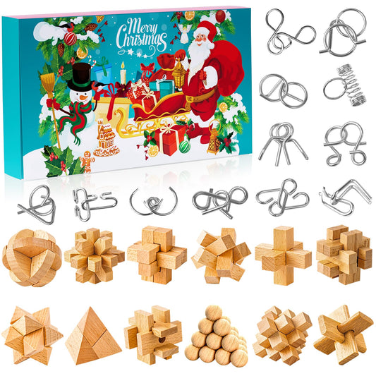 Puzzle Advent Calendar 2025 for Children & Adults - 24 days of Christmas gifts with metal brain teasers and wooden puzzles, skill games, IQ puzzles for boys, girls, teenagers.