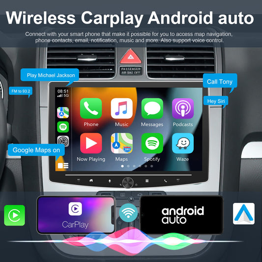 2+32G, 10" Car Radio Bluetooth 1 Din Wireless Carplay Android Auto with Navigation Swing Touchscreen Physical Button, Podofo Android FM RDS Radio HI-FI Sound with Dual USB MIC with Rearview Camera AHD