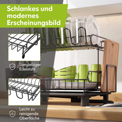 MAJALiS Dish Drying Rack, 2-Tier Dish Rack with Drip Tray, Stainless Steel Dish Rack with Utensil Holder, Rotating Spout, Black