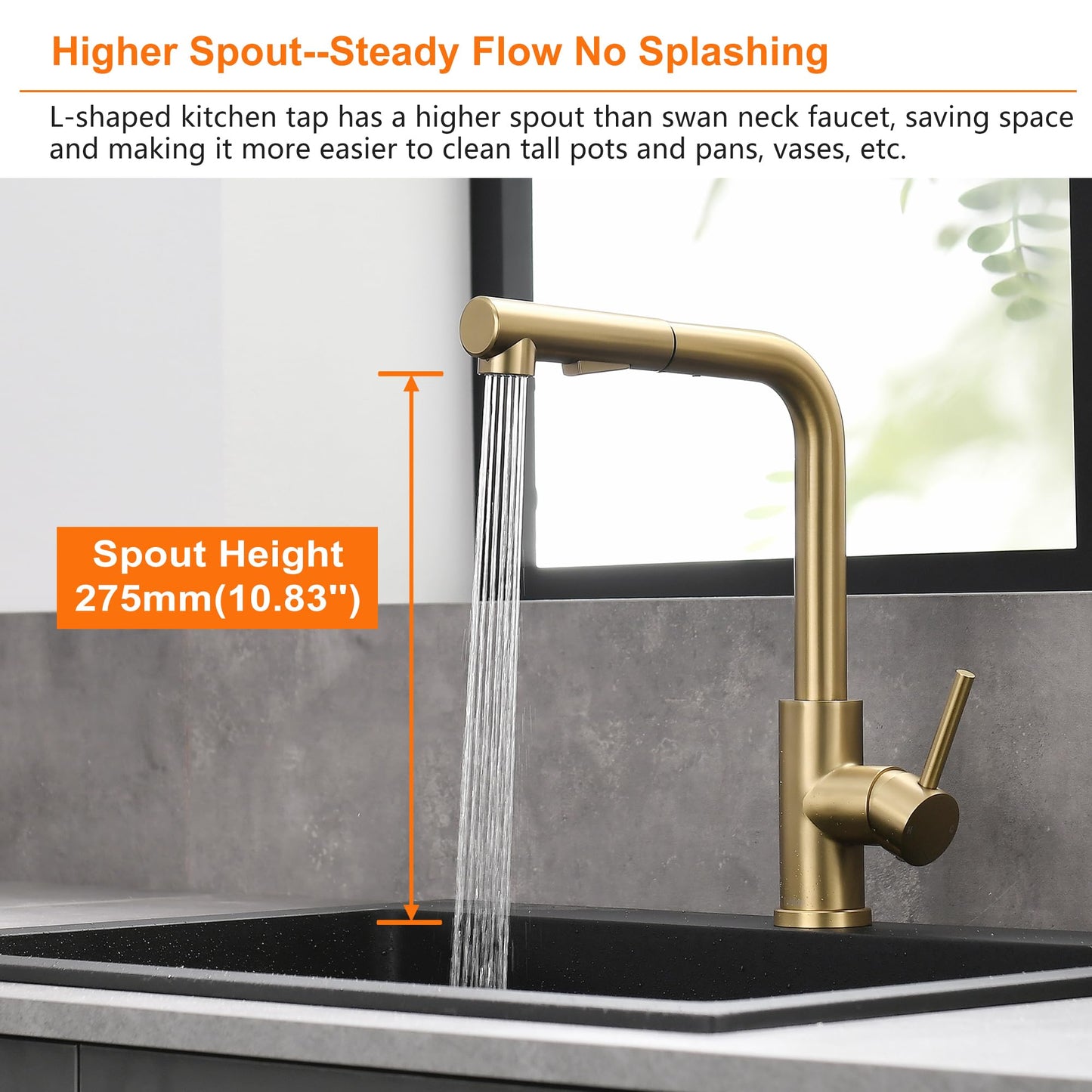 Tohlar Kitchen Faucet Gold, Gold Kitchen Tap with Pull-Out Spray and Magnetic Shower Head Two Spray Modes, High Pressure Kitchen Sink Faucet L-Shaped Brushed Gold Stainless Steel Kitchen Mixer 360° Swivel