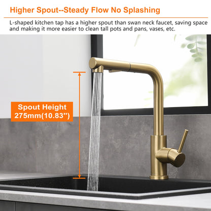 Tohlar Kitchen Faucet Gold, Gold Kitchen Tap with Pull-Out Spray and Magnetic Shower Head Two Spray Modes, High Pressure Kitchen Sink Faucet L-Shaped Brushed Gold Stainless Steel Kitchen Mixer 360° Swivel