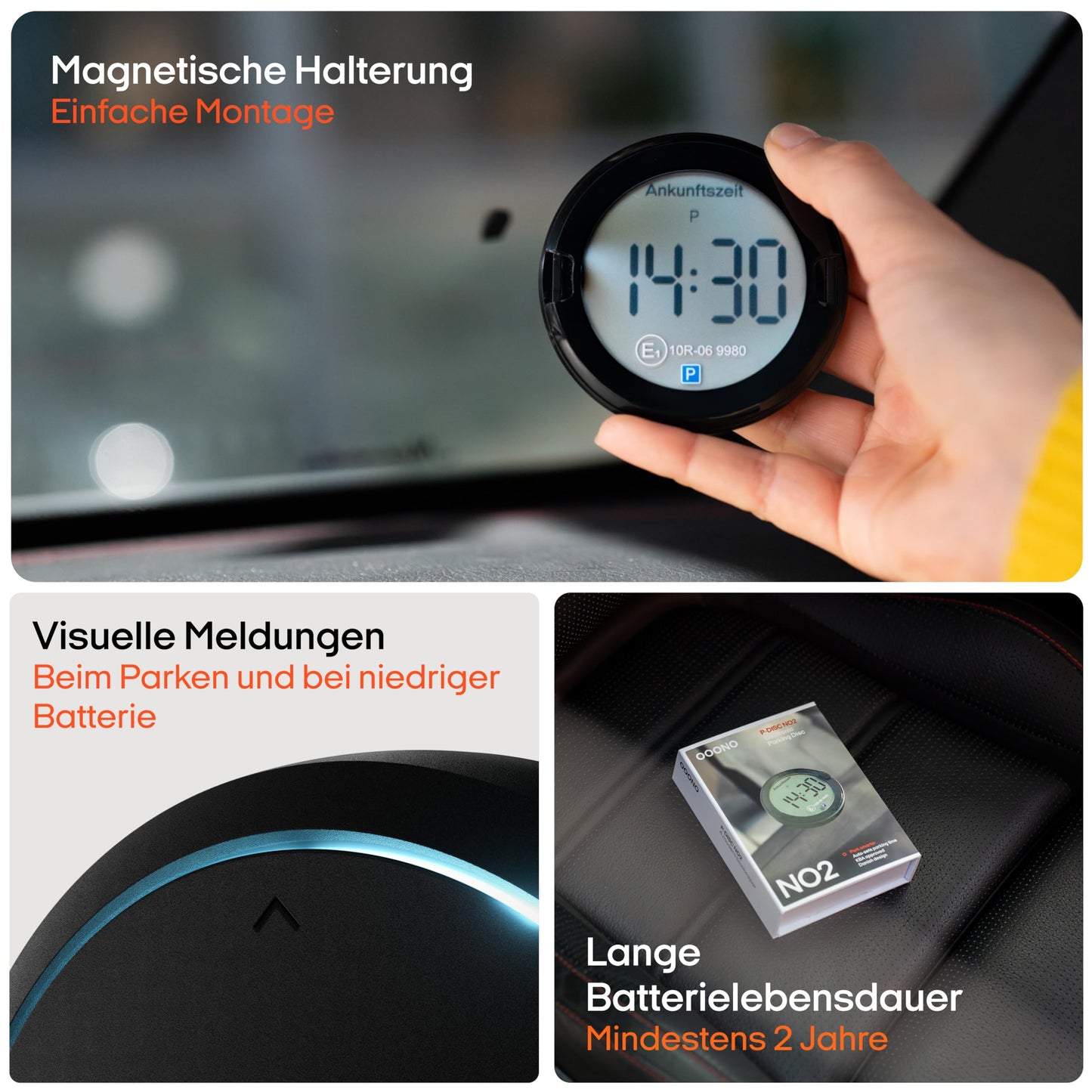 OOONO P-DISC NO2 - Electronic parking disc with approval for the car - Automatic digital parking disc electrically approved by the KBA according to the Road Traffic Act (StVO) - Electric parking clock approved for the car