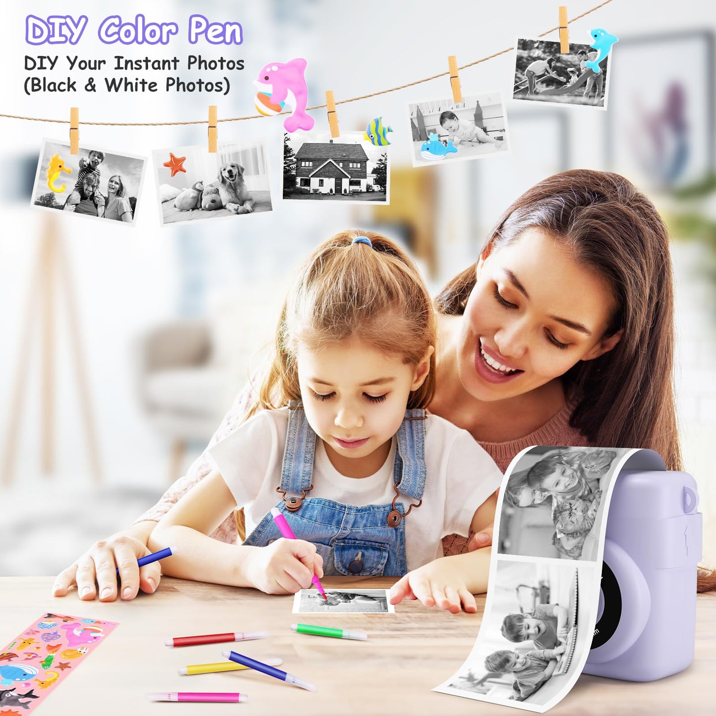 GREENKINDER Kids Camera Instant Camera, 1080P 2.4 Inch Instant Camera for Kids with Printing Paper & 32G Card, Kids Digital Camera with Colored Pens, Gift for Boys and Girls 3-12 Years