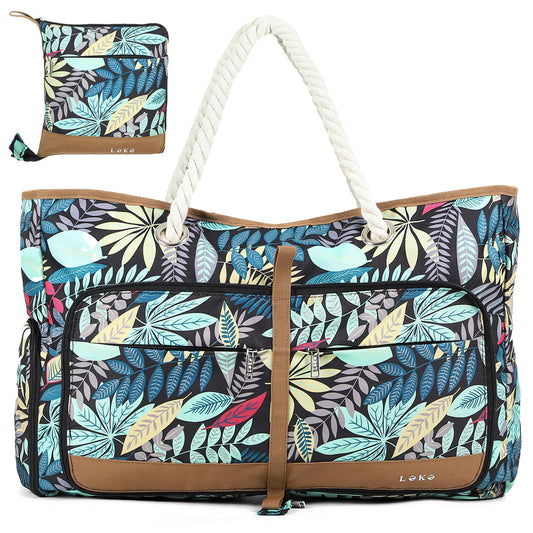 Lekespring beach bag for women with zipper, versatile shopper bag for beach, travel, shopping, sports, and work (Blue Jungle)