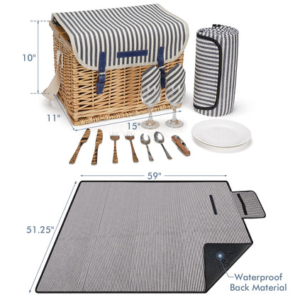 Picnic basket for 2, including a bamboo wine table with metal legs. Perfect for camping and outdoor parties.