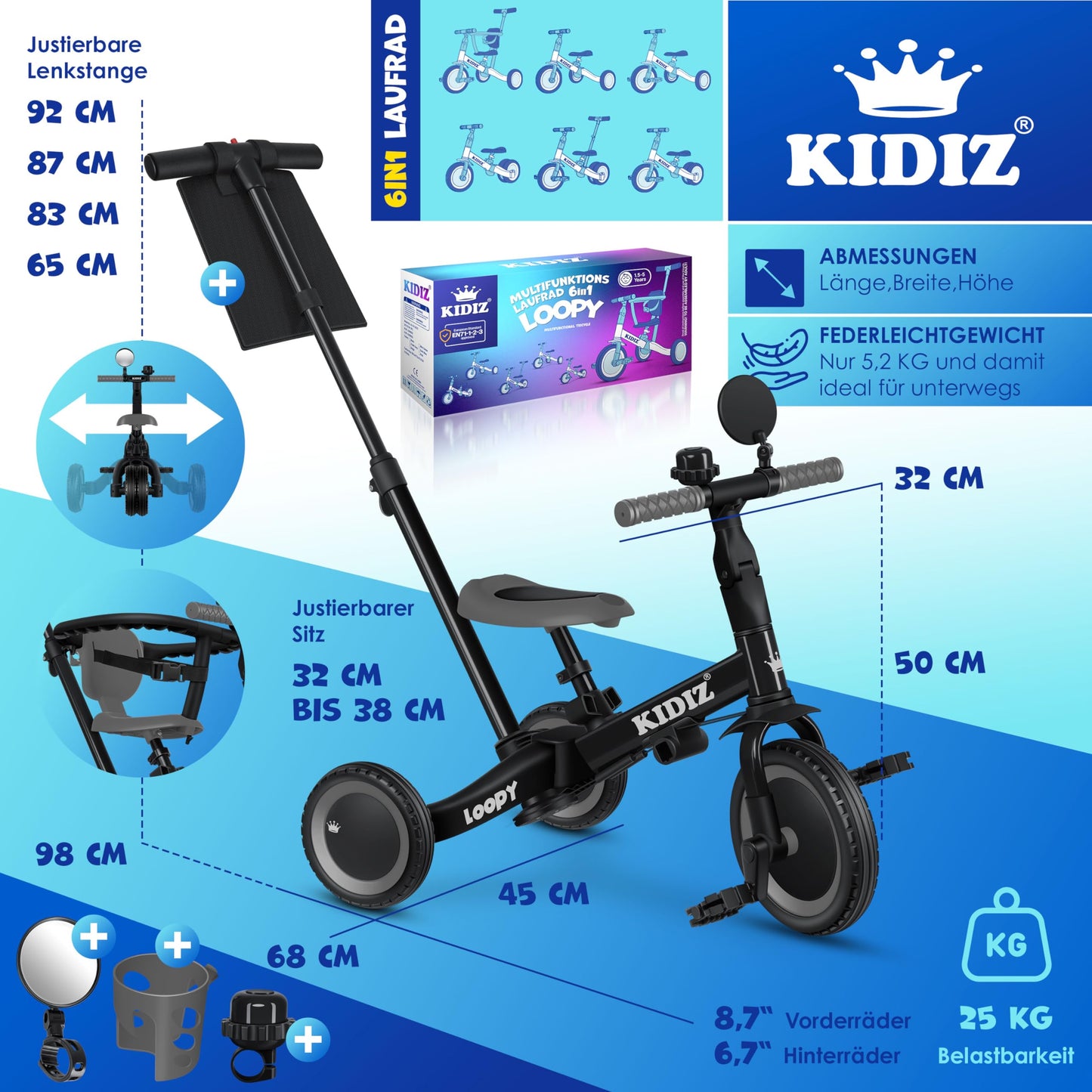 KIDIZ® 6in1 Balance Bike Trike | Kids' Ride-On Bike for Ages 1-5 | Supports up to 55lbs | Includes Handlebars, Safety Bar, Seatbelt, Bell & Mirror