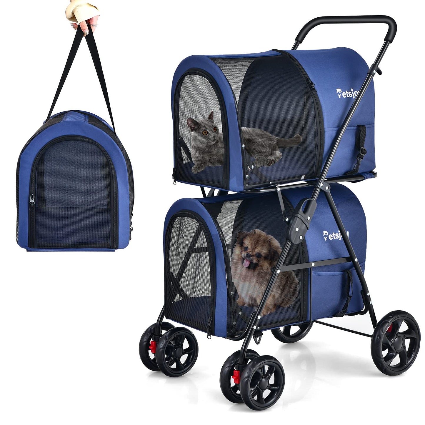 COSTWAY 2-Tier Dog Stroller Pets Stroller up to 16kg, Dog Stroller with Mesh Windows & Cup Holder & Trailer, Cat Stroller for 2 Small Dogs Cats (Blue)