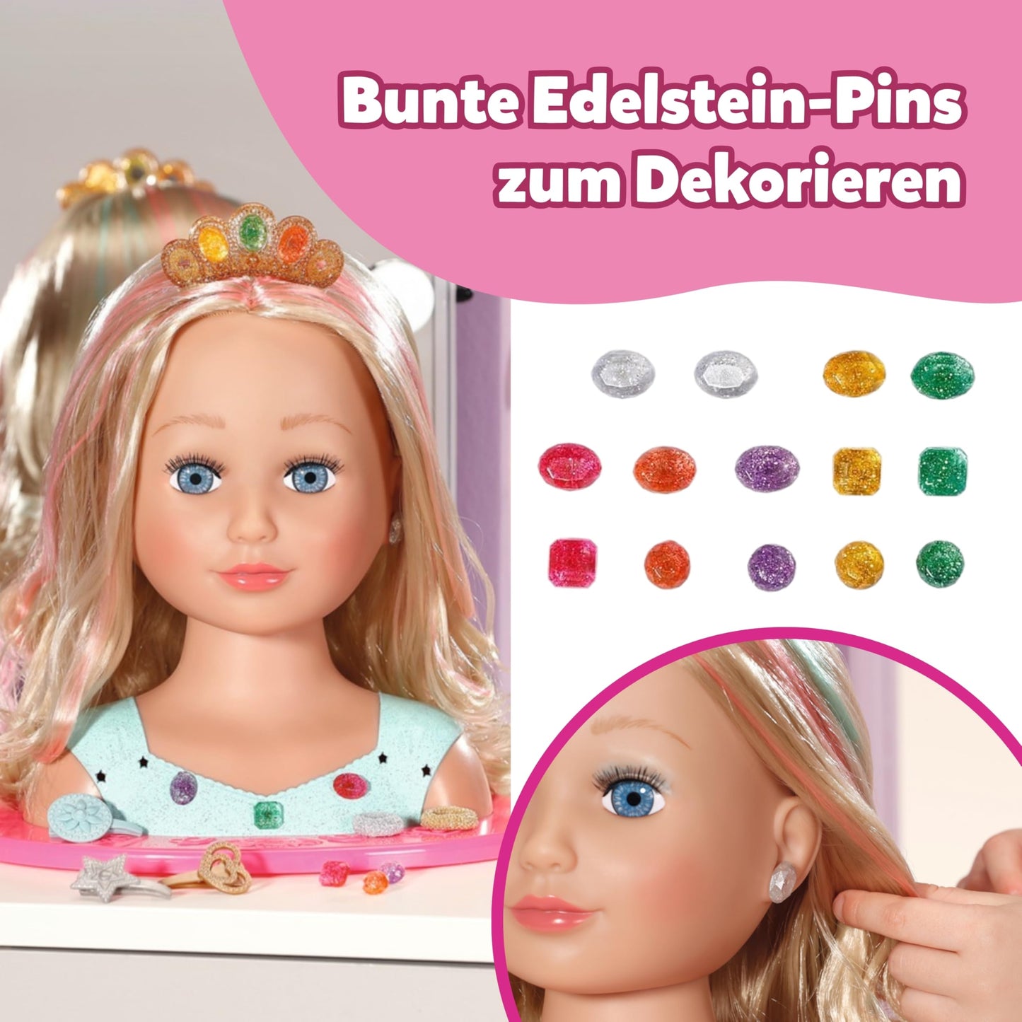 BABY Born Princess Styling Head, doll styling head for kids with long blonde hair including makeup palette, brush, and styling accessories, makeup for doll and kids' skin, 835432 Zapf Creation