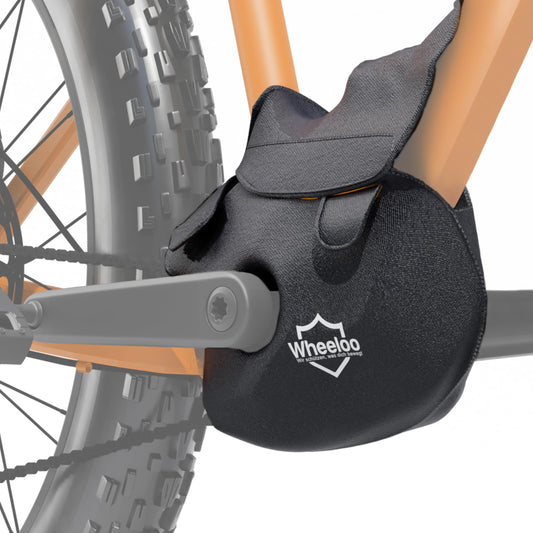 WHEELOO Ebike Mid-Drive Motor Cover made of neoprene for horizontal motors. Protection for bike carriers, transportation, and rain cover for brands like Bosch, Brose, Shimano, Yamaha, Specialized.