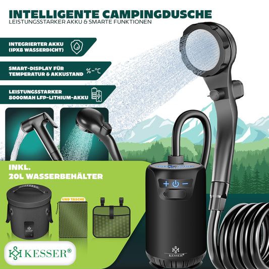 KESSER® Camping Shower Solar Shower with Pump & Rechargeable Battery 8000mAh Portable Shower | Camping Shower Set including adjustable Shower Head, 2m Hose, Spray Gun, Holder & 20L Water Tank