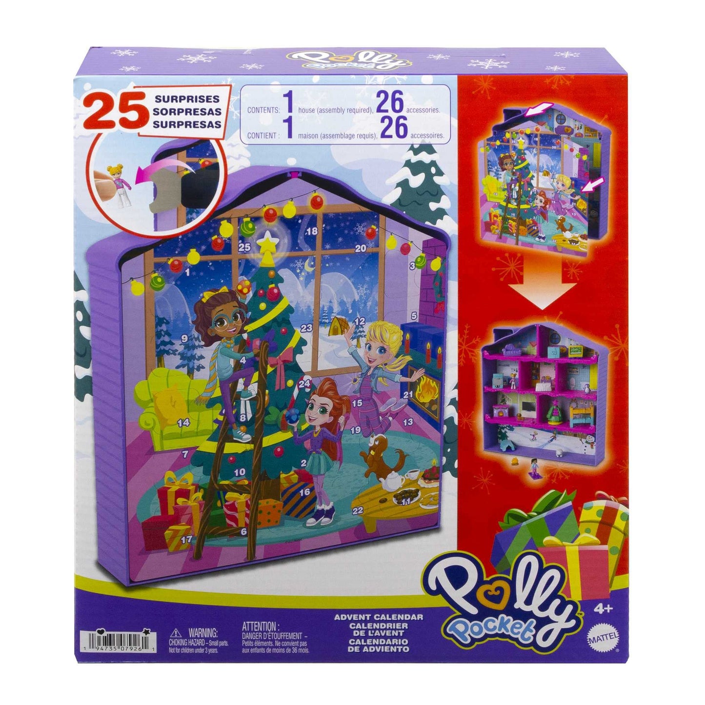 Polly Pocket Advent Calendar, Winterhouse design, 4 floors with 8 rooms, 25 surprises to discover, great Christmas gift for 4 years old & up, HHX84