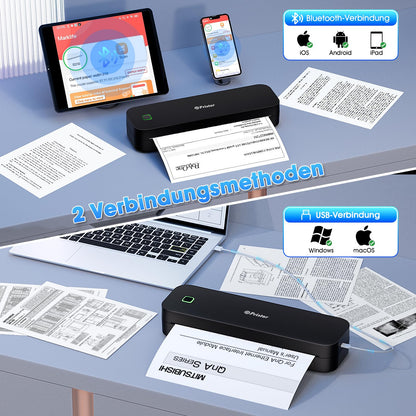 Pristar D210 thermal printer A4, portable printer compatible with iOS/Android and laptops, mobile printer A4 for on the go, office, car, school, home, Bluetooth thermal printer tattoo, black