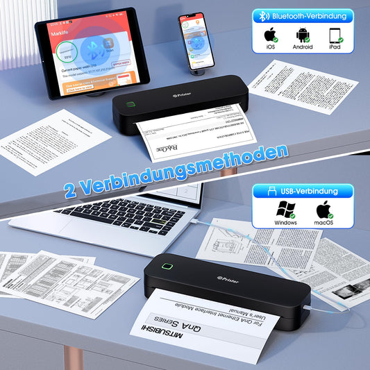 Pristar D210 thermal printer A4, portable printer compatible with iOS/Android and laptops, mobile printer A4 for on the go, office, car, school, home, Bluetooth thermal printer tattoo, black