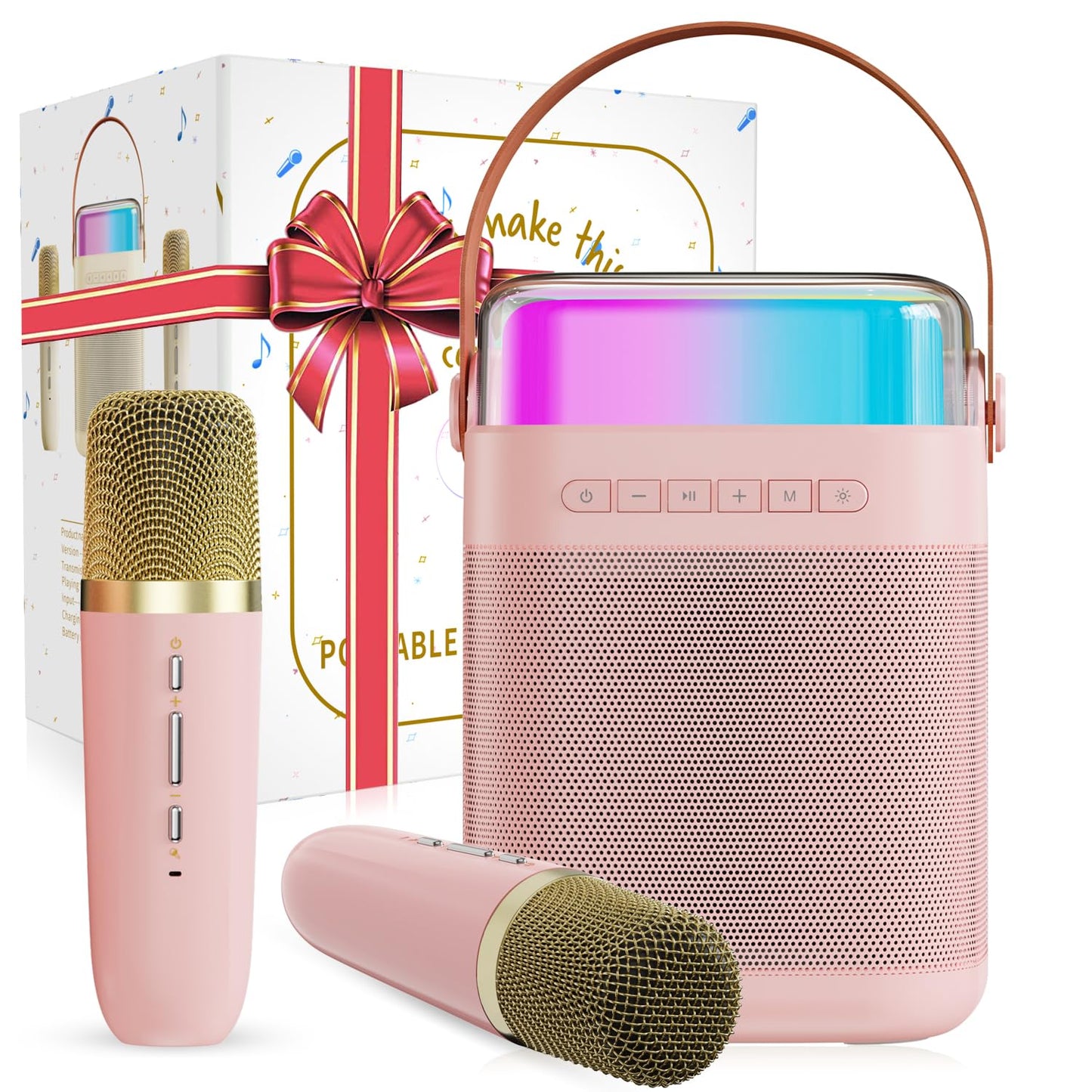 Tmiyas Karaoke Machine with 2 Wireless Microphones, Portable Bluetooth Karaoke Speaker with LED Lights for Home Party, Gift for Birthday, Christmas, Toys for Girls and Boys.