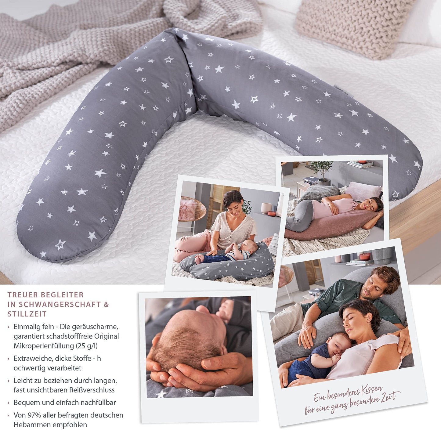 Theraline The Original Pregnancy Pillow & Nursing Pillow 190cm - Side Sleeper Pillow Nursing Pillow Microbeads - incl Nursing Pillow Cover Lavender Bamboo Collection