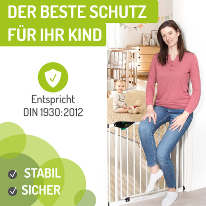 BOMI child safety gate Mira | Pressure fit | Self-closing | White baby gate with automatic door | Stair gate and door for child protection | Width: 115-123 cm