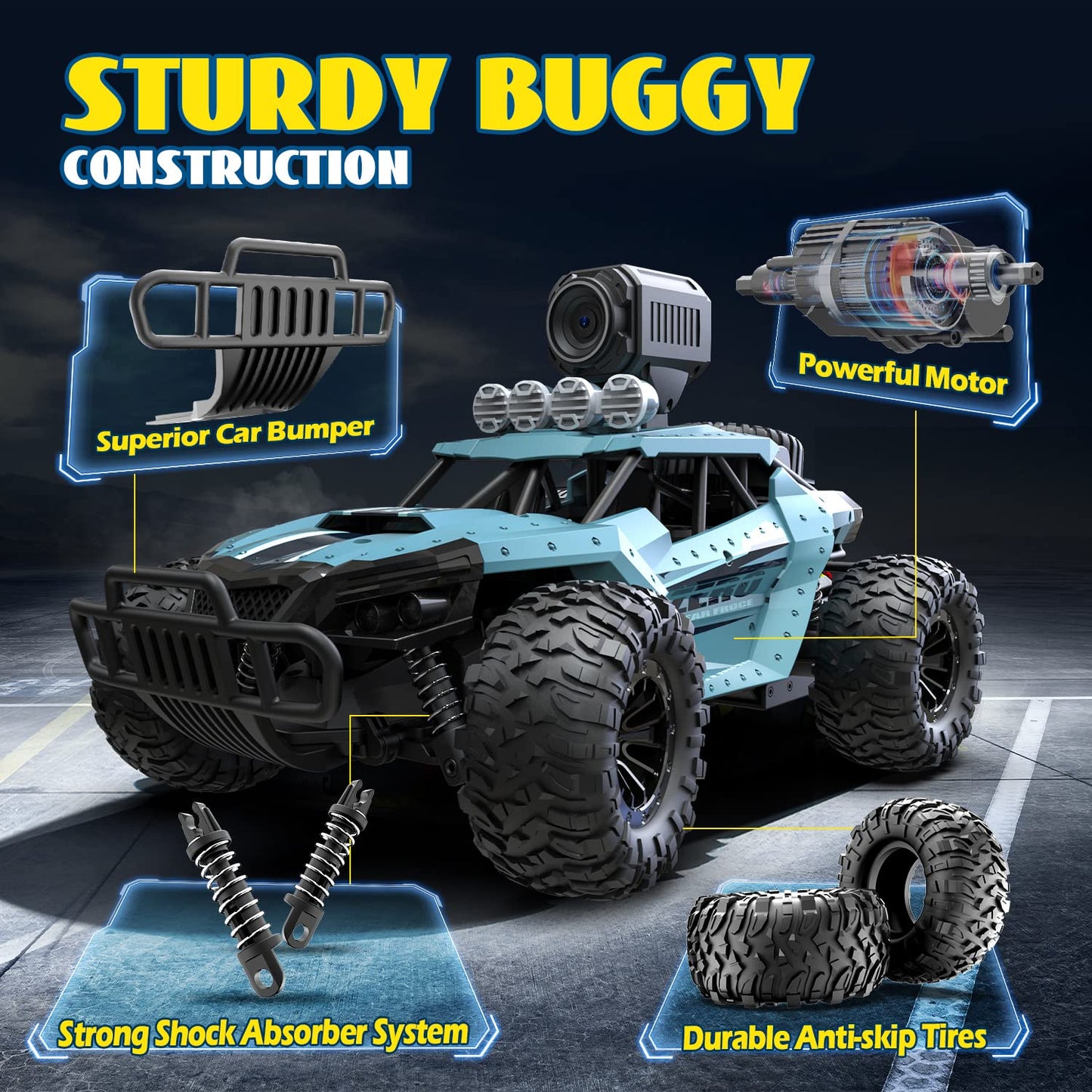 DEERC 1:16 RC Truck with 1080P Camera and WiFi Transmission, 2.4GHz remote control, 2 batteries for 60 minutes of playtime. Off-road Truggy for adults and kids.