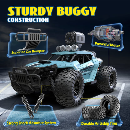 DEERC 1:16 RC Truck with 1080P Camera and WiFi Transmission, 2.4GHz remote control, 2 batteries for 60 minutes of playtime. Off-road Truggy for adults and kids.