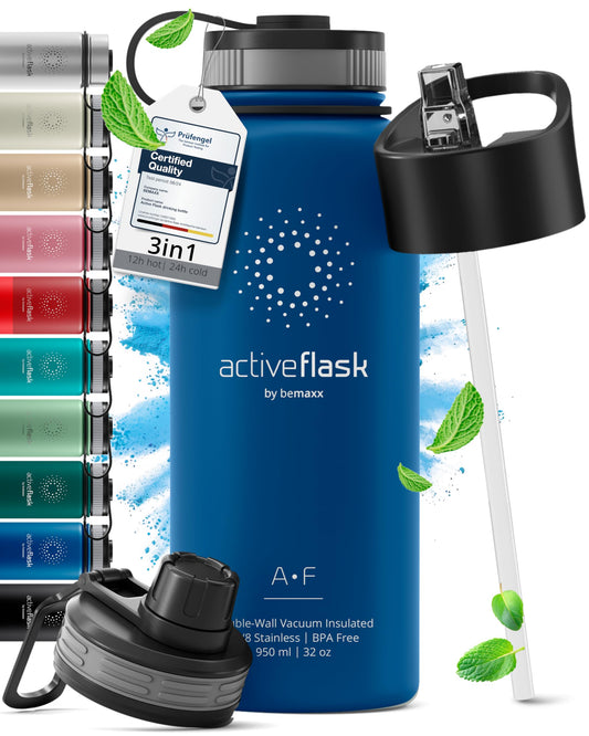 Stainless steel water bottle ACTIVE FLASK + straw (3 lids) BPA-free, leak-proof, suitable for carbonated drinks - bike water bottle thermos insulated sports water bottle kids tea.