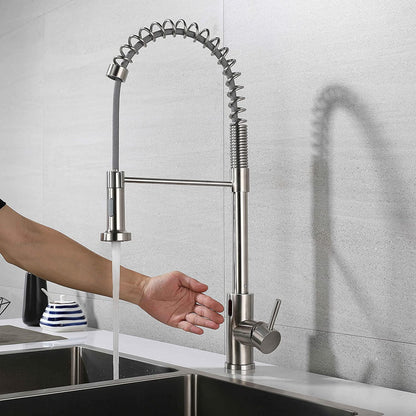 Touchless kitchen sink faucet with pull down spring, automatic sensor mixer in brushed nickel stainless steel.