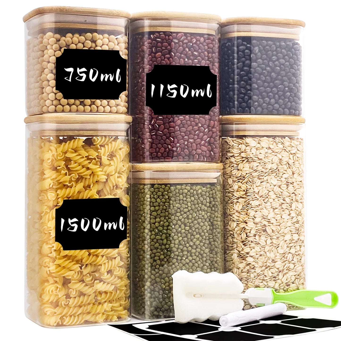 Without Stock Jars Glass 6-pack, 750ml/1150ml/1500ml Storage Jars with Lid Square, Large Glass Container Storage Jar with Wooden Lid, Storage Jars Kitchen for Pasta, Cereals, Beans, Cornflakes