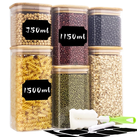 Without Stock Jars Glass 6-pack, 750ml/1150ml/1500ml Storage Jars with Lid Square, Large Glass Container Storage Jar with Wooden Lid, Storage Jars Kitchen for Pasta, Cereals, Beans, Cornflakes