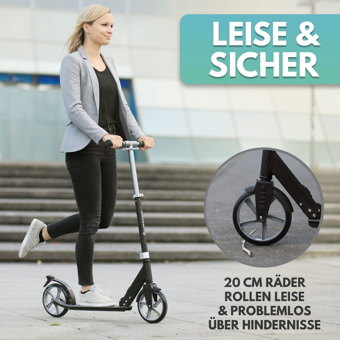 Rollking® Scooter for children aged 5 and up. The folding city scooter with big wheels. Kick scooter for adults with a weight capacity of up to 100kg (Black/Grey).