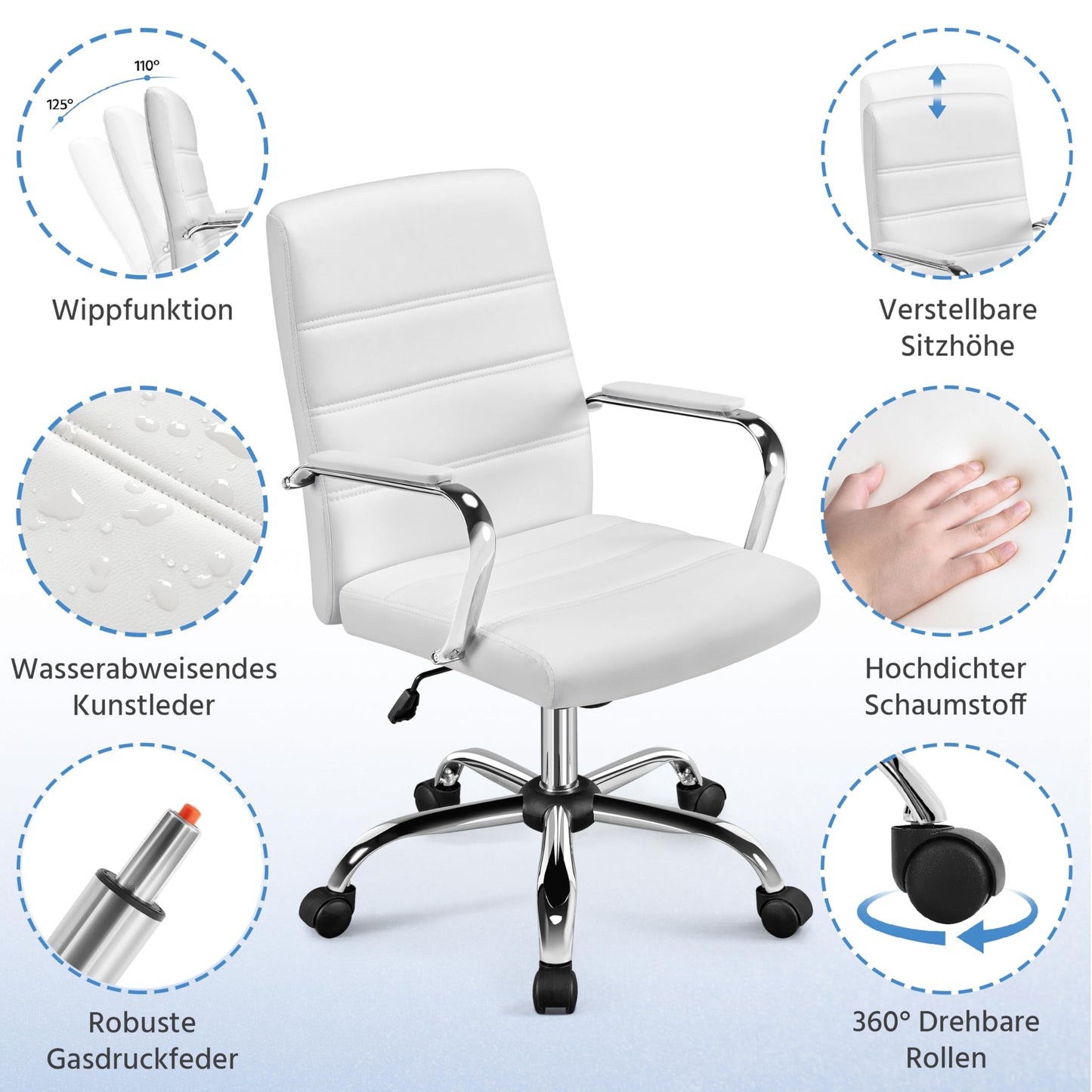 Yaheetech Office Chair Ergonomic Desk Chair, Swivel Chair with Wheels, Office Stool with Armrests, Task Chair with Backrest, Executive Chair Supports up to 130kg White