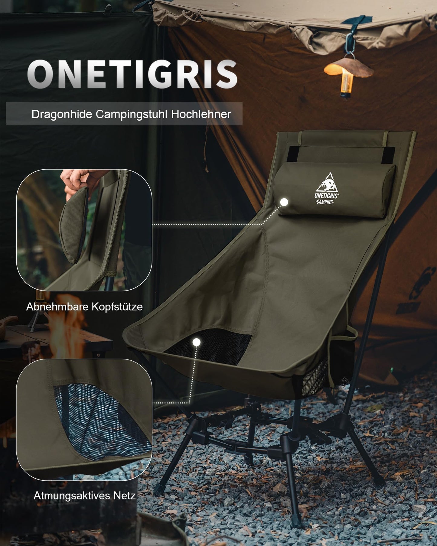 OneTigris DRAGONHIDE camping chair high backrest foldable 125 kg, foldable camping chair lightweight, foldable fishing chair with 2 side pockets, ultralight folding chair for outdoor, hiking (Ranger Green)