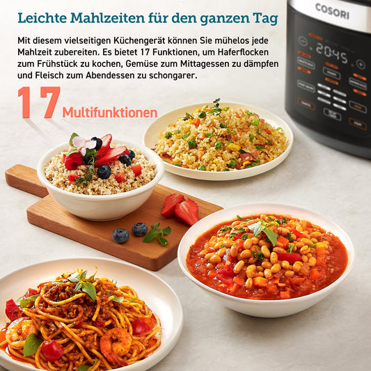 COSORI Rice Cooker, Multicooker with 17 programs, 5L Rice Cooker, Fuzzy Logic, Steamer with Stainless Steel Insert, Recipe Book, Slow Cooker, Premium Inner Pot, Keep Warm Function, Timer, Black