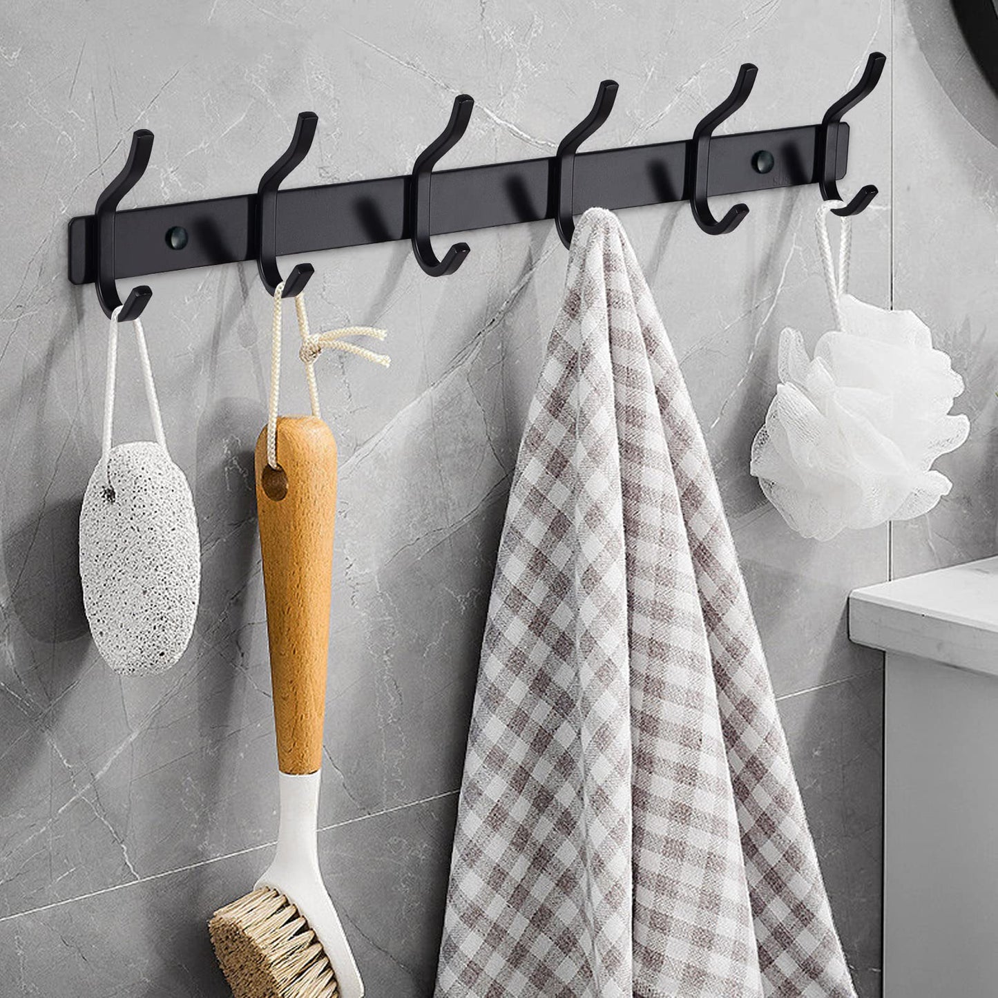 MEIJO stainless steel coat hooks, hook rail coat hooks wall with 8 hooks, coat rack wall coat rack for bedroom bathroom kitchen (Black, 8 hooks 2 pieces)